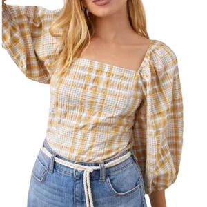 Maeve Anthropologie Yellow Plaid Smocked Back Puff Sleeve Top S
